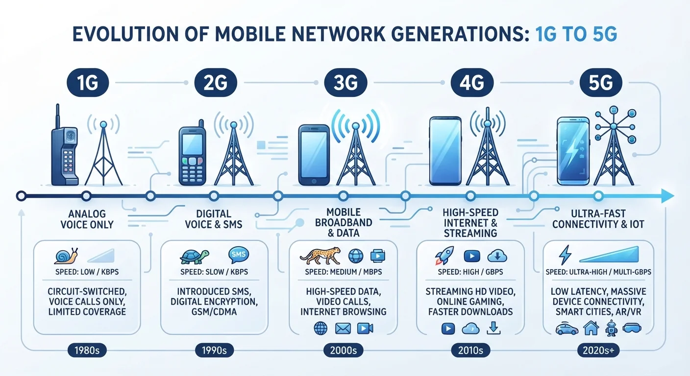 Mobile Network Generations from 1G to 5G: A Plain-English Timeline